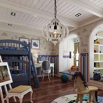 DOCHEER Farmhouse Wood Chandelier Distressed White 1-Light Round Vintage Wooden Pendant Hanging Lighting Fixtures for Dining Room, Bedroom, Kitchen Island, Foyer, Entryway