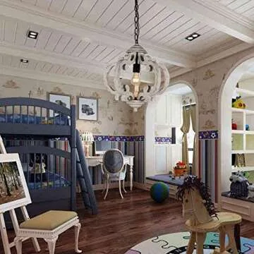 DOCHEER Farmhouse Wood Chandelier Distressed White 1-Light Round Vintage Wooden Pendant Hanging Lighting Fixtures for Dining Room, Bedroom, Kitchen Island, Foyer, Entryway