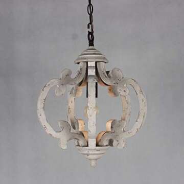 DOCHEER Farmhouse Wood Chandelier Distressed White 1-Light Round Vintage Wooden Pendant Hanging Lighting Fixtures for Dining Room, Bedroom, Kitchen Island, Foyer, Entryway