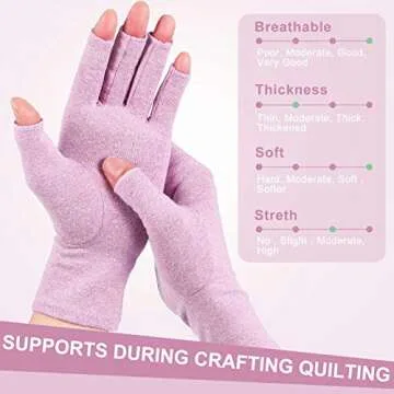 3 Pairs Compression Craft Arthritis Hands Gloves Fingerless Pressure Joint Relief for Quilting Sewing Typing Household Duties (Black, Gray, Purple,L)
