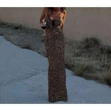 OCUH Y2K Leopard Printed Maxi Dress Backless Skinny Spaghetti Strap Lace-up Slim Vintage (Leopard,S,Small)