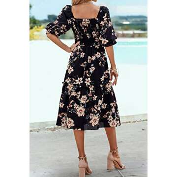 PRETTYGARDEN Women's Summer Casual Midi Dress 2025 Spring Puff Sleeve Square Neck A-line Flowy Boho Floral Smocked Dresses