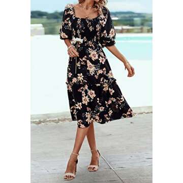 PRETTYGARDEN Women's Summer Casual Midi Dress 2025 Spring Puff Sleeve Square Neck A-line Flowy Boho Floral Smocked Dresses