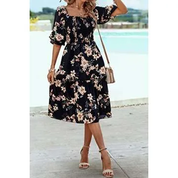 PRETTYGARDEN Women's Summer Casual Midi Dress 2025 Spring Puff Sleeve Square Neck A-line Flowy Boho Floral Smocked Dresses