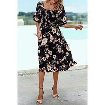 PRETTYGARDEN Women's Summer Casual Midi Dress 2025 Spring Puff Sleeve Square Neck A-line Flowy Boho Floral Smocked Dresses