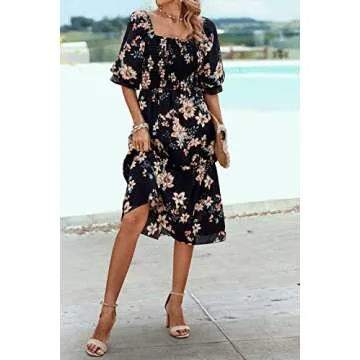 PRETTYGARDEN Women's Summer Casual Midi Dress 2025 Spring Puff Sleeve Square Neck A-line Flowy Boho Floral Smocked Dresses