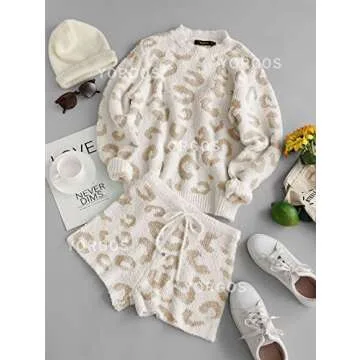 YORGOS Women's Fuzzy Fleece Leopard Loungewear Sets 2 Piece Soft Pajamas Sweater Top Shorts Set Outfits