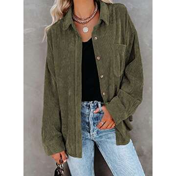 Dokotoo Womens Oversized Long Sleeve Button Up Pocket Shirts Ladies Loose Fit Corduroy Tunic Blouse Tops S Dark Green