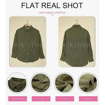 Dokotoo Womens Oversized Long Sleeve Button Up Pocket Shirts Ladies Loose Fit Corduroy Tunic Blouse Tops S Dark Green