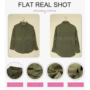 Dokotoo Womens Oversized Long Sleeve Button Up Pocket Shirts Ladies Loose Fit Corduroy Tunic Blouse Tops S Dark Green