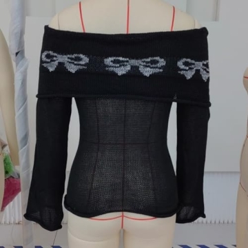 Trendy Women Y2K Off The Shoulder Bow Graphic Sweater