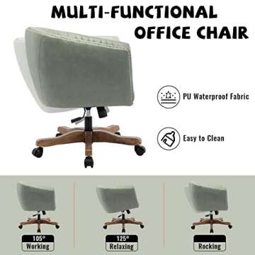 QUINJAY Green Faux Leather Home Office Desk Chair, Upholstered Barrel Swivel Adjustable Arm Desk Chair with Nailheads, Comfy Mid-Back Study Chair with Silent Wheel for Study Office Computer