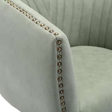 QUINJAY Green Faux Leather Home Office Desk Chair, Upholstered Barrel Swivel Adjustable Arm Desk Chair with Nailheads, Comfy Mid-Back Study Chair with Silent Wheel for Study Office Computer