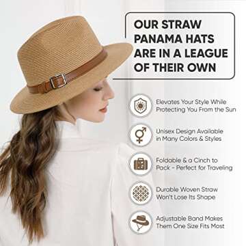 Wide Brim Straw Panama Hat - Stylish Lightweight, Breathable Men's & Women's Fedoras Provide Excellent UV Protection - Perfect Beach, Pool, Festival, Vacation, & Resort Wear - Buckles Belt Light Brown