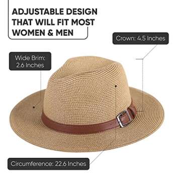 Wide Brim Straw Panama Hat - Stylish Lightweight, Breathable Men's & Women's Fedoras Provide Excellent UV Protection - Perfect Beach, Pool, Festival, Vacation, & Resort Wear - Buckles Belt Light Brown