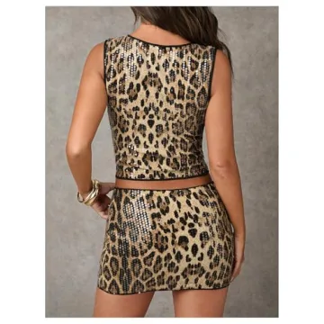 WDIRARA Leopard Print Sequin Tank Top Y2K Style