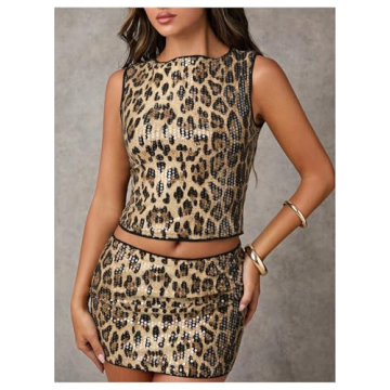WDIRARA Leopard Print Sequin Tank Top Y2K Style