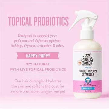 SKOUT'S HONOR Pet Detangler Spray - Hydrating & Conditioning with Avocado Oil & Probiotics, 97% Natural, Paraben & Sulfate-Free, softens for a More brushable Coat, Daily Use, 8oz, Happy Puppy