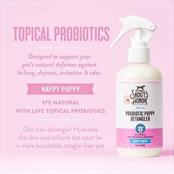 SKOUT'S HONOR Pet Detangler Spray - Hydrating & Conditioning with Avocado Oil & Probiotics, 97% Natural, Paraben & Sulfate-Free, softens for a More brushable Coat, Daily Use, 8oz, Happy Puppy
