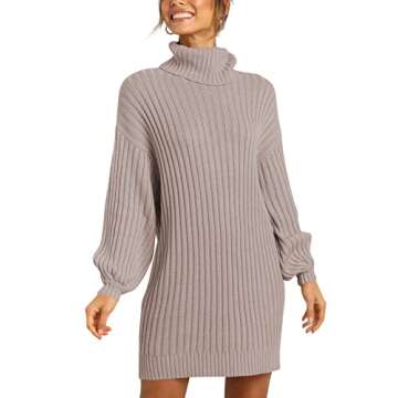 Prinbara Women Turtleneck Long Lantern Sleeve Casual Loose Oversized Sweater Dress Soft Winter Pullo...