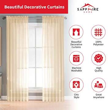 Sapphire Home Ivory Sheer Curtains - 84 Inches Length, 2 Panels Set Sheer Drapes, Light Filtering Te...