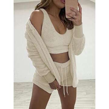 Famnbro Womens Fleece Pajamas 3 Piece Lounge Outfits Set Fuzzy Sherpa Coat Jacket Crop Top Shorts Set