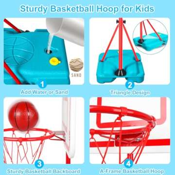 Kids Basketball Hoop Adjustable Height 2.9 ft-6.2 ft Toddler Basketball Hoop for Kids Indoor Outdoor Play Portable Basket Ball Goal Backyard Outside Toys for Boy Girl Age 2 3 4 5 6 7 8