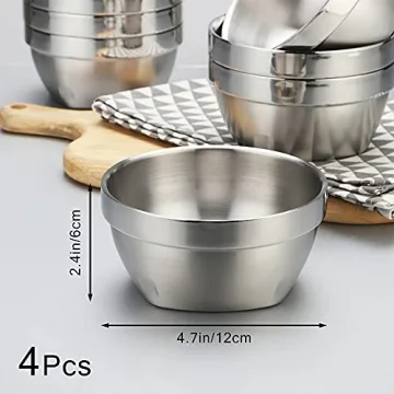 14oz Stainless Steel Double Walled Bowls for Kids Toddlers, Serving Bowls, Salad Bowls, Cereal Bowl, Square Bottom, Unbreakable for Rice, Soup, Snack, Ice Cream, Set of 4