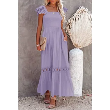 Ferlema Women's Summer Maxi Dress Casual Boho Sleeveless Spaghetti Strap Smocked Tiered Long Beach Sun Dresses Light Purple Large