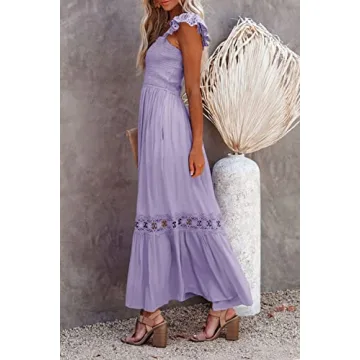 Ferlema Women's Summer Maxi Dress Casual Boho Sleeveless Spaghetti Strap Smocked Tiered Long Beach Sun Dresses Light Purple Large