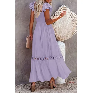 Ferlema Women's Summer Maxi Dress Casual Boho Sleeveless Spaghetti Strap Smocked Tiered Long Beach Sun Dresses Light Purple Large