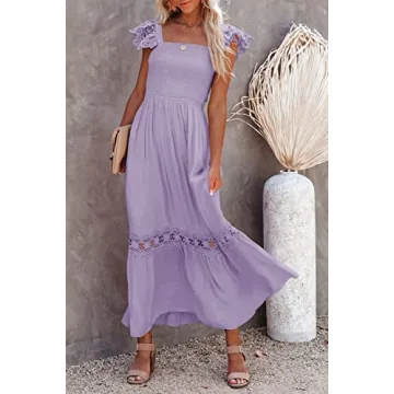 Ferlema Women's Summer Maxi Dress Casual Boho Sleeveless Spaghetti Strap Smocked Tiered Long Beach Sun Dresses Light Purple Large