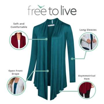 Free to Live 3 Pack Long Sleeve Cardigan for Women Open Front Dressy Casual Lightweight Sweaters (Small, Teal, White, Wine)