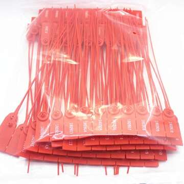 Middle Duty Security Plastic Seal with Metal Insert,Tags for Transportation Security,11 inch Length,Numbered,Red Color Package of 100.