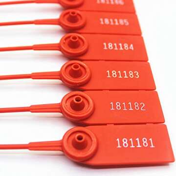 Middle Duty Security Plastic Seal with Metal Insert,Tags for Transportation Security,11 inch Length,Numbered,Red Color Package of 100.