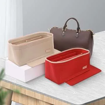 Doxo Purse Organizer Insert for Handbags & Base Shaper Combination,Tote Bag Organizer Insert with 6 Sizes,Compatible with LV Speedy 25 & Neverfull PM ON THE GO and More(Red-Medium)