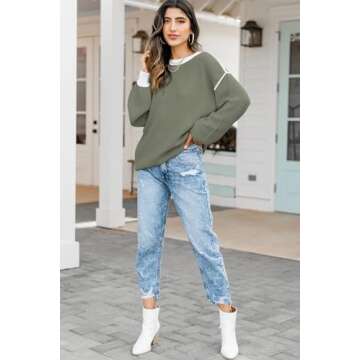 Fall Clothes for Women 2025 Trendy Fashion Oversized Sweaters Color Block Long Sleeve Knited Pullover Tops Winter Outfits,Green,X-Large