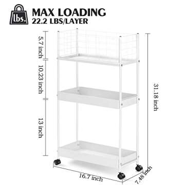 KINGRACK 3-Tier Rolling Utility Cart with Wheels, Metal Slim Storage Cart, Multifunctional Storage O...