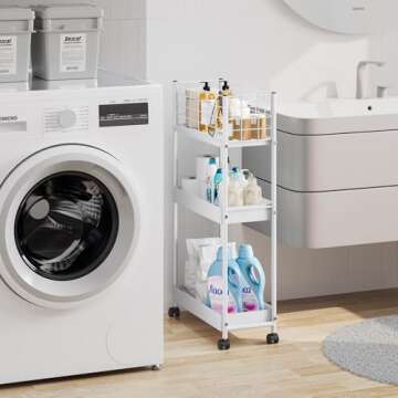 KINGRACK 3-Tier Rolling Utility Cart with Wheels, Metal Slim Storage Cart, Multifunctional Storage Organizer, Rolling Storage Cart for Kitchen, Office, Bathroom, Narrow Place, White