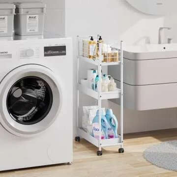 KINGRACK 3-Tier Rolling Utility Cart with Wheels, Metal Slim Storage Cart, Multifunctional Storage Organizer, Rolling Storage Cart for Kitchen, Office, Bathroom, Narrow Place, White