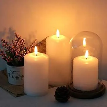 GenSwin 3D Wick Flameless Flickering Candles Battery Operated with Remote Timer, Real Wax Pillar LED Votive Candles Warm Light, Set of 3 Party/Wedding/Home Decor(White, D3” x H4.6” 5.8” 6.8”)