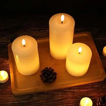 GenSwin 3D Wick Flameless Flickering Candles Battery Operated with Remote Timer, Real Wax Pillar LED Votive Candles Warm Light, Set of 3 Party/Wedding/Home Decor(White, D3” x H4.6” 5.8” 6.8”)