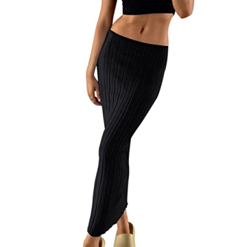Meladyan Women High Waist Knit Long Maxi Skirt Stretchy Solid Slim Midi Skirts Strapless Bodycon Bea...