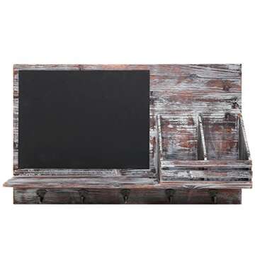 MyGift Country Rustic Brown Wood Wall Mounted Entryway Mail Sorter Rack w/ 5 Key Hooks and Black Chalk Board