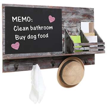 MyGift Country Rustic Brown Wood Wall Mounted Entryway Mail Sorter Rack w/ 5 Key Hooks and Black Chalk Board