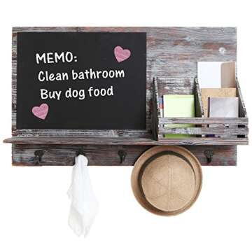 MyGift Country Rustic Brown Wood Wall Mounted Entryway Mail Sorter Rack w/ 5 Key Hooks and Black Chalk Board