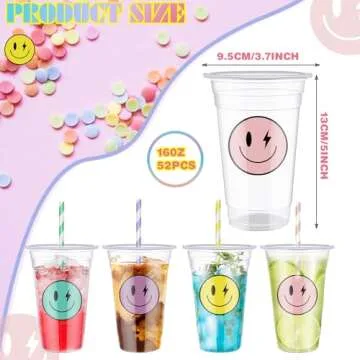 Norme 52 Sets Smile Face Plastic Cups with Lids 16 oz Clear Disposable Iced Coffee Cups with Colorful Stripes Paper Straws for Cold Drinks Birthday Bachelorette Party Drinkware