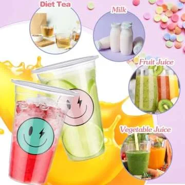 Norme 52 Sets Smile Face Plastic Cups with Lids 16 oz Clear Disposable Iced Coffee Cups with Colorful Stripes Paper Straws for Cold Drinks Birthday Bachelorette Party Drinkware