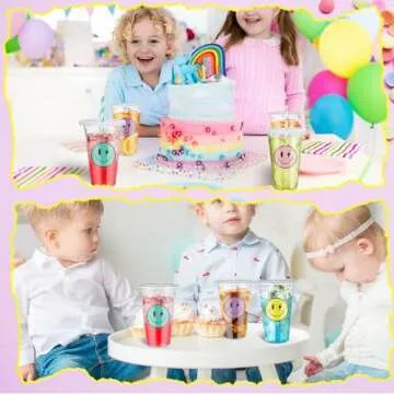 Norme 52 Sets Smile Face Plastic Cups with Lids 16 oz Clear Disposable Iced Coffee Cups with Colorful Stripes Paper Straws for Cold Drinks Birthday Bachelorette Party Drinkware