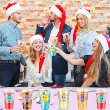 Norme 52 Sets Smile Face Plastic Cups with Lids 16 oz Clear Disposable Iced Coffee Cups with Colorful Stripes Paper Straws for Cold Drinks Birthday Bachelorette Party Drinkware